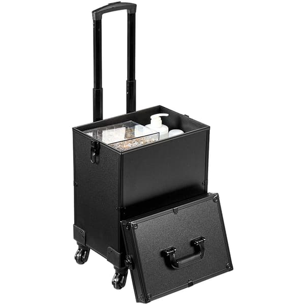 Makeup-etui med hjul, 5-i-1 aluminiumsvogn, sort