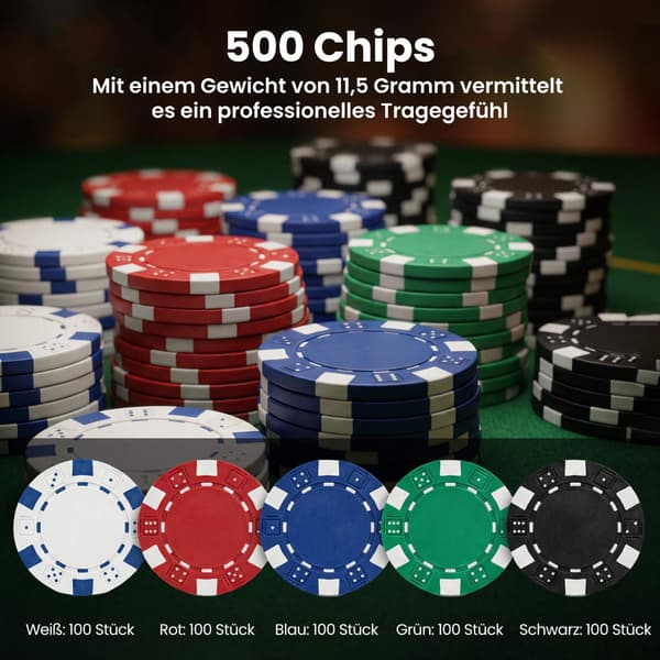 Pokersæt med 500 chips, 2 sæt kort, terninger og etui til 10 spillere