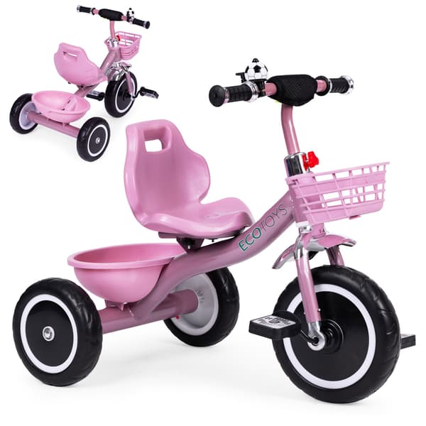 Trehjuling med halkfria grepp, klocka, korg, rosa, ECOTOYS