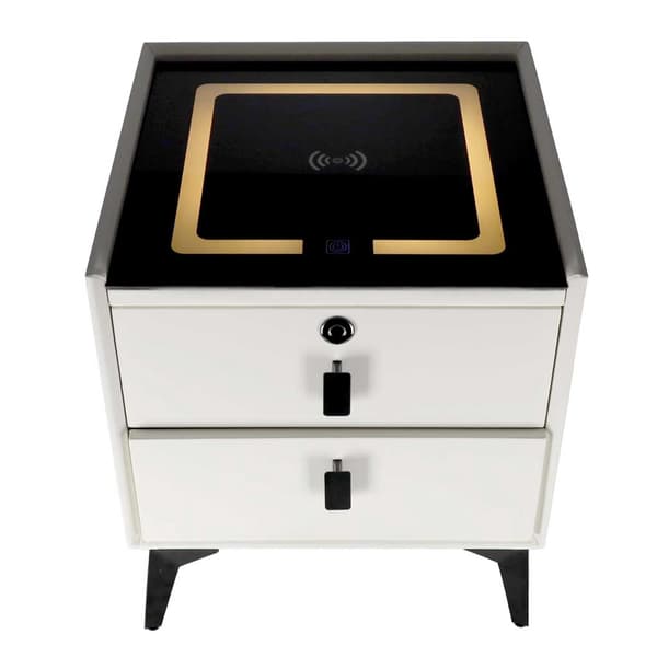 Ecru natbord med LED-belysning, USB-opladning, Bluetooth-højttaler