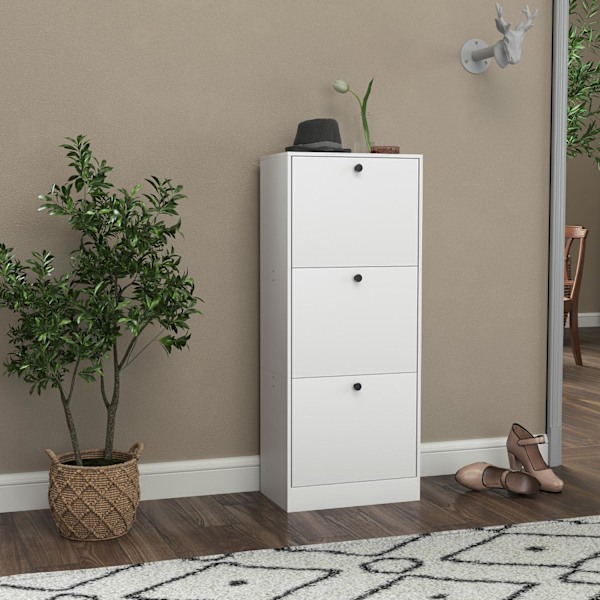Skoskab med 3 klapper, skovipper, skohylde med justerbar skillevæg, smal skokiste til 12 par sko 47 x 28 x 115 cm, hvid