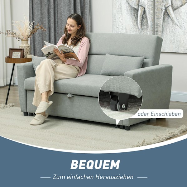 Bäddsoffa, 2-sits soffa med sovfunktion, justerbart ryggstöd, soffa med kuddar, sammetslook, bäddsoffa med bäddbox för vardagsrum, gästrum, ljusgrå