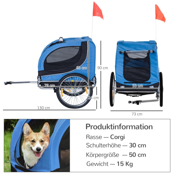 Hundsläp Cykelsläp Hundtransporter, Hundcykelvagn, Blå+Svart, 130X73X90Cm