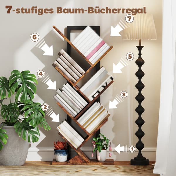 Træformet bogreol, 7-lags, rustik brun, pladsbesparende