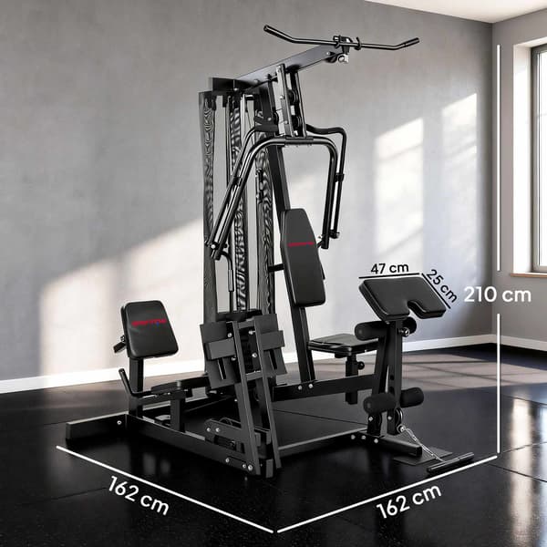Hemmagymstation med benpress, justerbar sits, 65 kg vikter