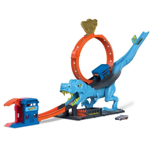 T-Rex Chomp Down -leikkisetti Hot Wheels -autoilla ja -radalla