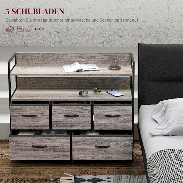 Byrå med 5 lådor Tygförvaringsskåp Byrå med 2 hyllor Stålram Modern Design för Vardagsrum Sovrum Grå Aosom