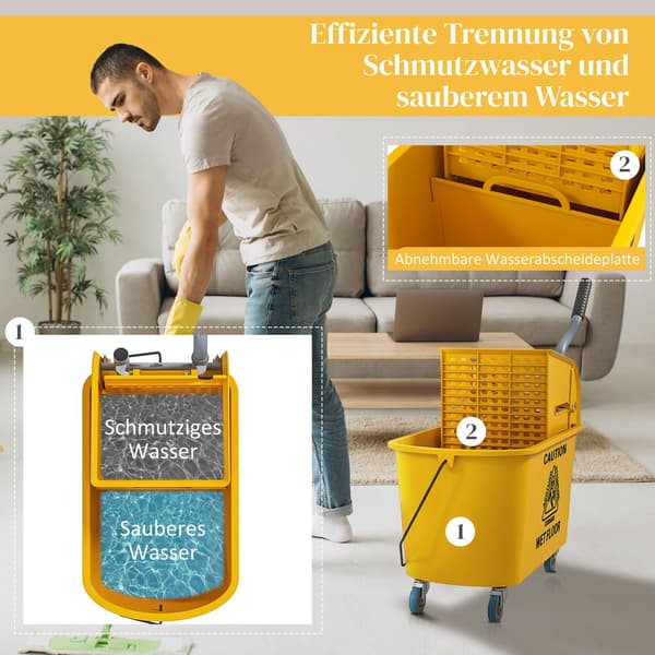 Puhdistuskärry pyörillä, tilavuus 20L, keltainen