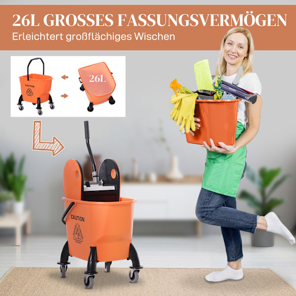 Städvagn, städvagn med vridare, 26 liters städhink, mobil hink, torkvagn, krok för mopp, hushållsvagn med 4 hjul, orange