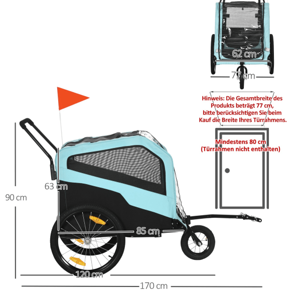 2-I-1 Hundvagn, Cykelvagn För Hundar, Hundvagn Med Reflexer, Hundvagn Max 30 Kg, Oxford-Tyg, Blå