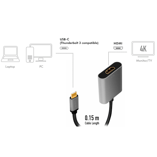 USB-C -> HDMI-sovitin 4K/60Hz Alumiini 15cm