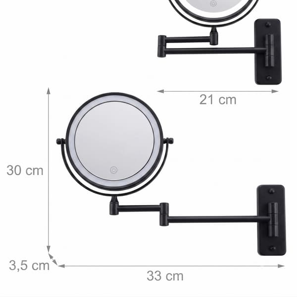 Väggmonterad LED-sminkspegel, 10x förstoring, svart