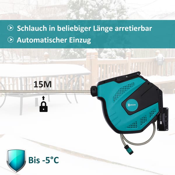 Vægslangeboks, Slangetromle, Drejes 180° Med Multibruser, Frostbeskyttelse -5–45 °C, Plast, Grøn + Sort, 15 M