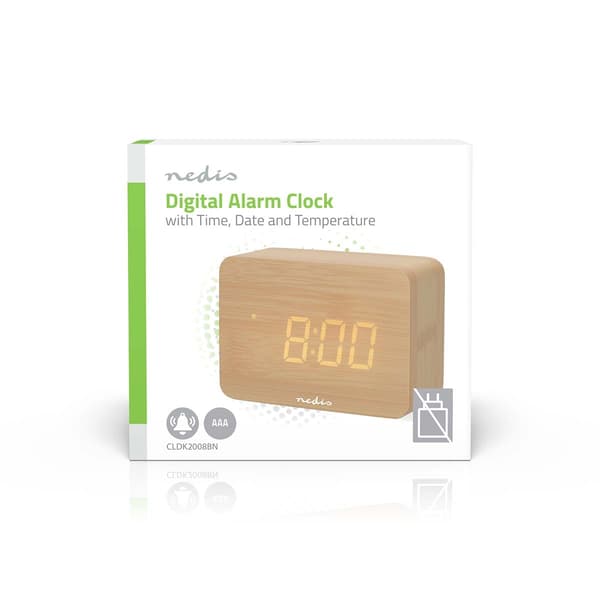 LED digital skrivbordsväckarklocka, trä, snooze- och temperaturdisplay