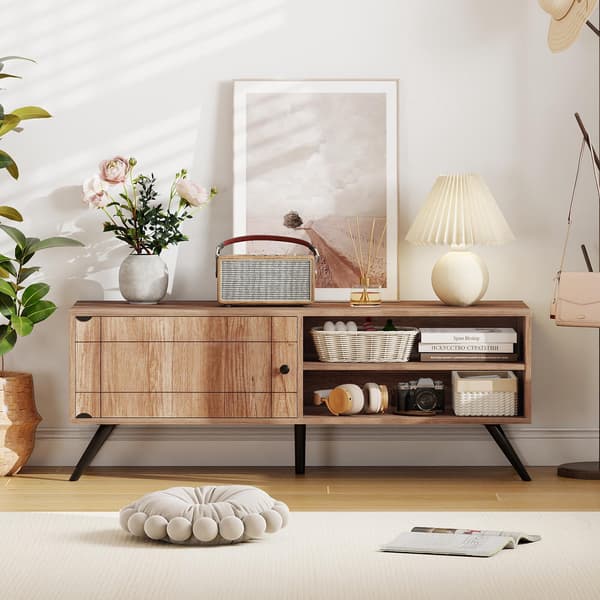 Mid Century Modern TV-bord med opbevaring, egetræ, 55"