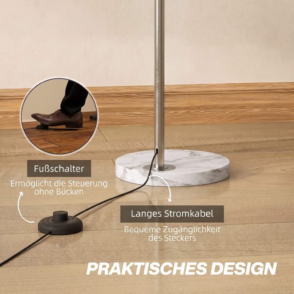 Sølvbuegulvlampe med marmorfod, justerbart hoved