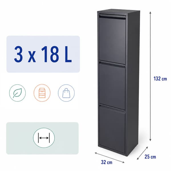 Avfallssorteringskärl 3 x 18 l med tippfunktion, antracit, väggmonterbar