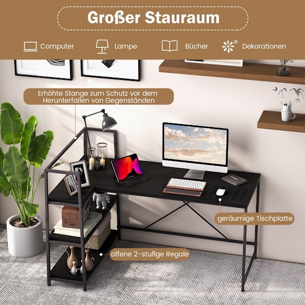 148 cm langt L-formet computerbord med åbne hylder, pladsbesparende skrivebord til en moderne arbejdsplads, sort