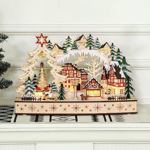 LED-oplyst træ juleby – 20 lys, 45x12x30 cm