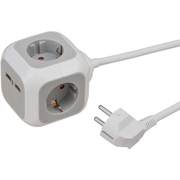 ALEA-Power Plug -pistoke USB-liitännällä / pistokelohko (pistorasiat 4-tie, 2x USB-laturi ja 1,4 metrin kaapeli) TYPE F
