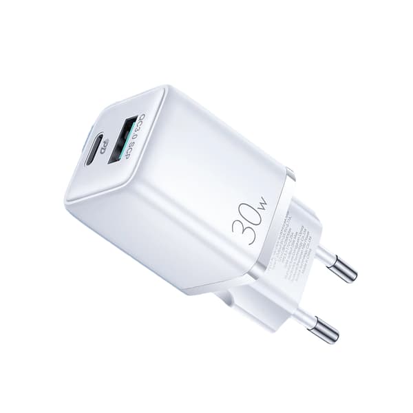 Mini Hurtigoplader USB & USB-C, PD & Q.C3.0, 3A, 30W - Hvid