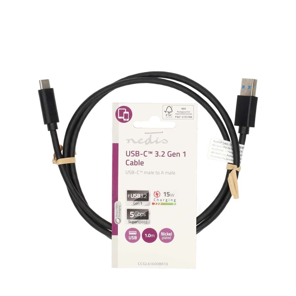 USB-kabel | USB 3.2 Gen 1 | USB-A Han | USB-C™ Han | 15 W | 5 Gbps | Nikkelplateret | 1.00 m | Runde | PVC | Sort | Label