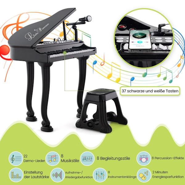Barnpiano med 37 nycklar & pall Leksak Piano Portable 47 x 37 x 70 cm Svart