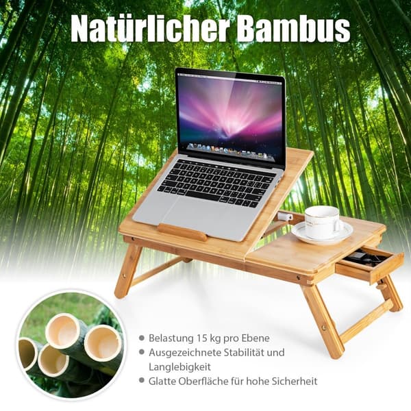 Justerbart laptopbord i bambu med vinklingsbar topp, hopfällbart