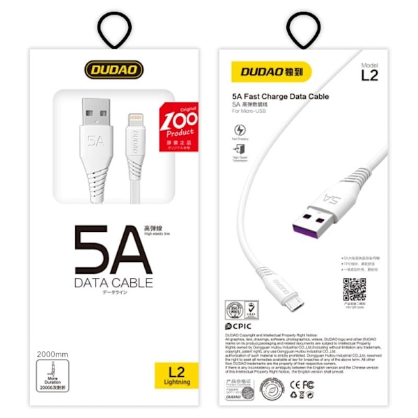 Kaapelikaapeli iPhonelle USB - Lightning 5A 2m valkoinen