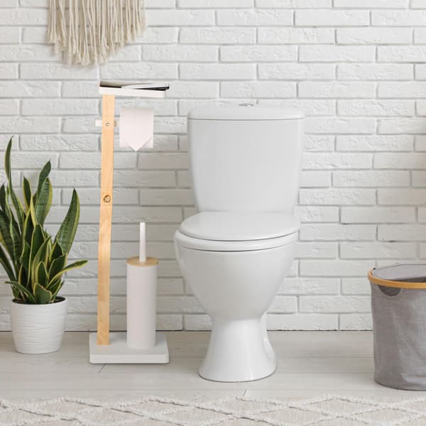 WC-paperiteline ja harjasetti hyllyllä