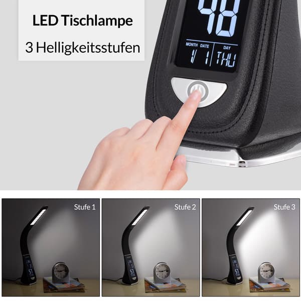 LED skrivebordslampe sort, multifunktionel med ur og kalender