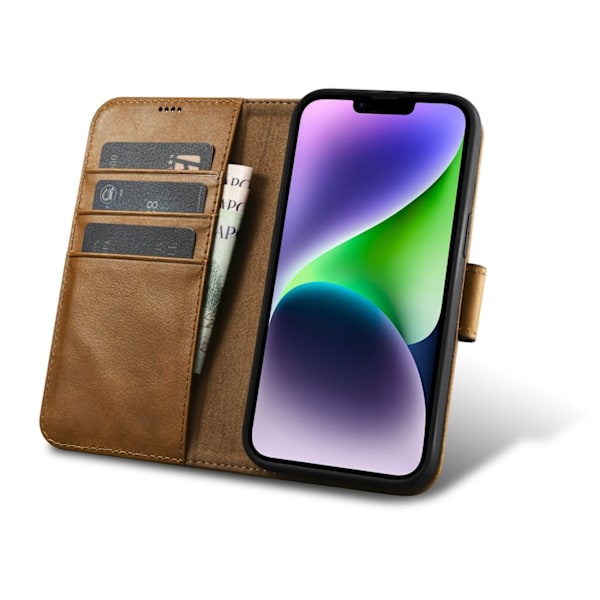 2-i-1 læder Flip Cover iPhone 14 Anti-RFID olievoks pung etui lysebrun