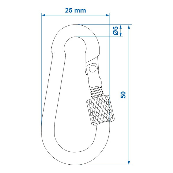 Karabiinikoukku metallia 5x50mm ruuvilukolla 2 kpl läpipainopakkauksessa