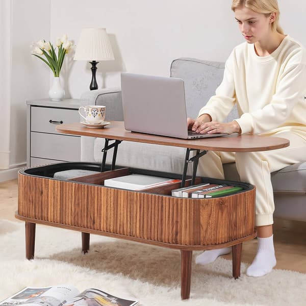 Lyftbar oval soffbord, räfflad valnöt, 3 förvaringsplatser