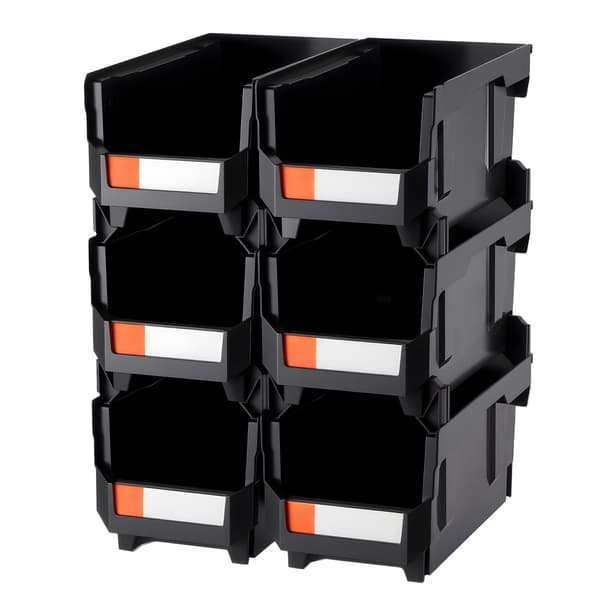 Stabelbare opbevaringsbeholdere, åben front, sort, 6-pak, 37,7 x 21,5 x 18 cm