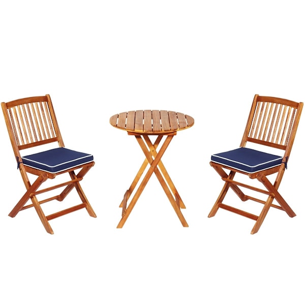3 st. Utemöbler set med runt bord & 2 stolar & 2 kuddar ergonomiskt sittset blå