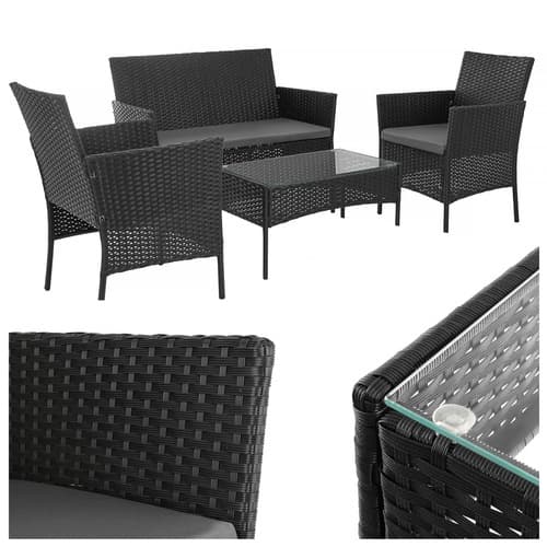 Sort Rattan Havemøbelsæt – 2 Stole, Sofa, Bord
