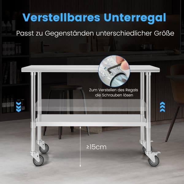 Arbejdsbord i rustfrit stål med hjul, justerbar hylde