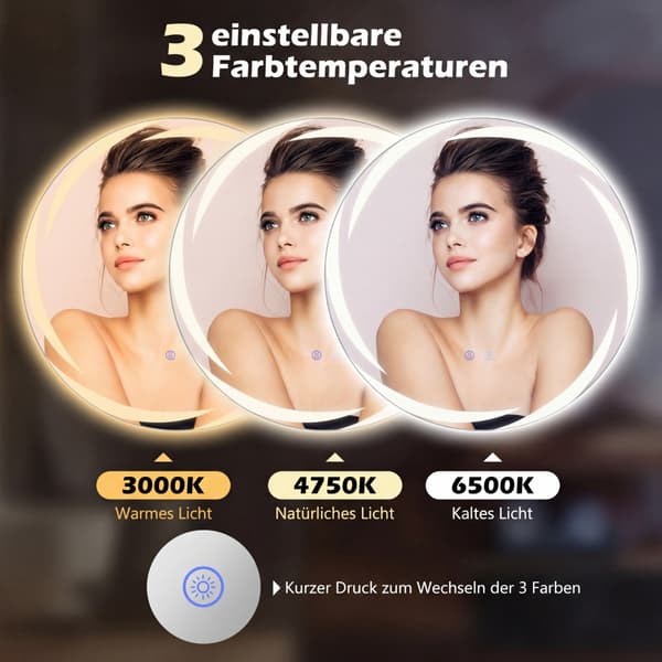 LED-badrumsspegel, Ø60 cm, imfri, dimbar, 3-färgs belysning