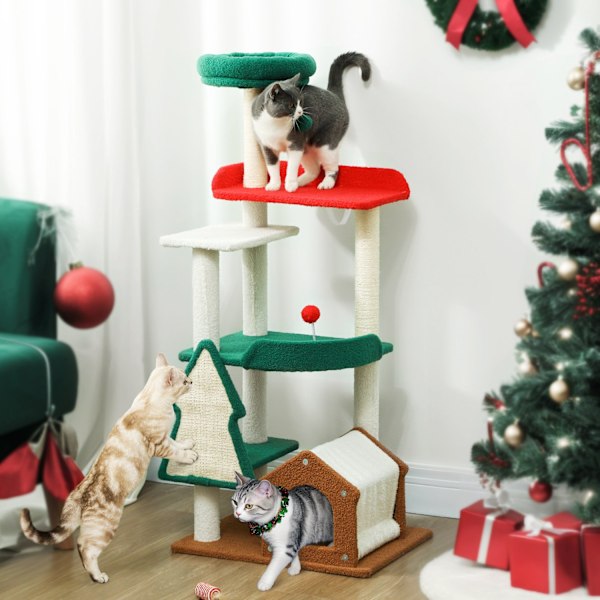 Kradsestolpe i julefarver, 135 cm kattetræ med 6 niveauer, kattekradsestolpe med kattehule, legebold, sisal kradsestolpe, til 1-2 katte op til 5 kg, f