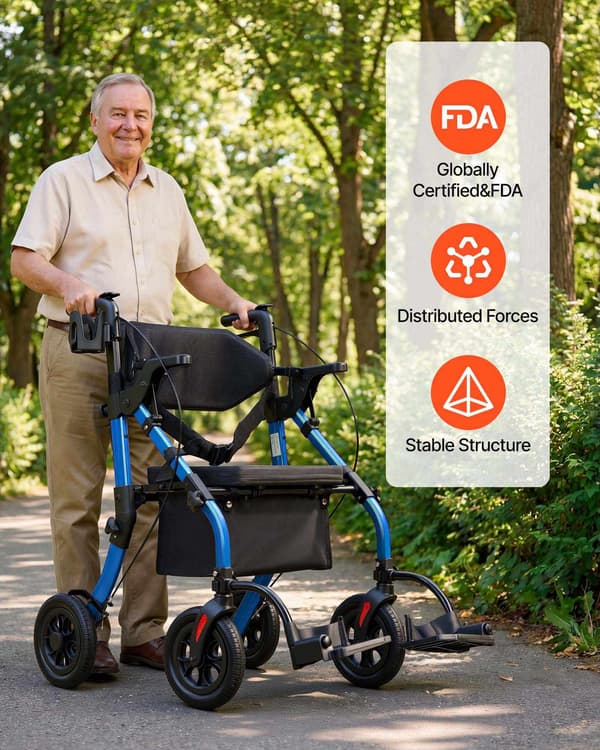 2-i-1 Rollator Walker Transportstol, Sammenklappelig 136 kg