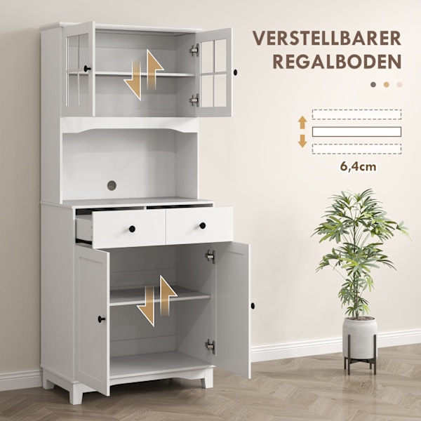 Køkkenskab højskab med mikroovn hylde, 2 skabe, 2 skuffer, vitrineskab med justerbare hylder, vippebeskyttelse, buffet skab til stue, spisestue, hvid
