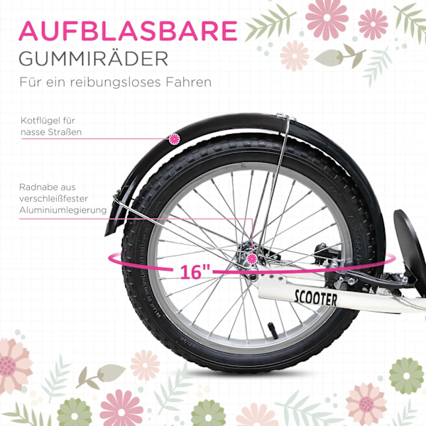 Børnescooter med bremsekurv, højdejusterbar til 5-12 børn, løbehjul, kickboard, aluminiumslegering, gummi, pink + hvid
