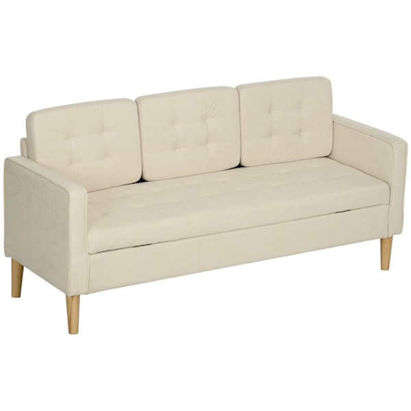 3 personers sofa, sofa med opbevaringsplads, træben, polstret sofa med fløjlslook til stue, soveværelse, 166,5 x 62 x 82 cm, cremehvid