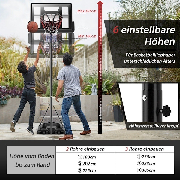 Basketstativ 180-305 cm höjdjusterbar basketkorg med stativ & 2 hjul korgsystem för barn
