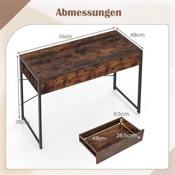 Kompakt computerbord med 2 skuffer, rustik brun
