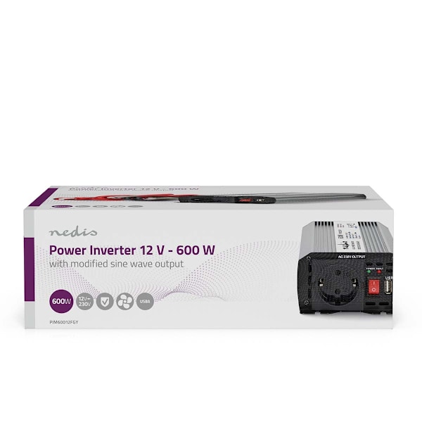 Växelriktare med modifierad sinusvåg | Inspänning: 12 V DC | Enhetens utgångsanslutning: Type F (CEE 7/3) / USB-A | 230 V AC 50 Hz | 600 W | Toppeffek