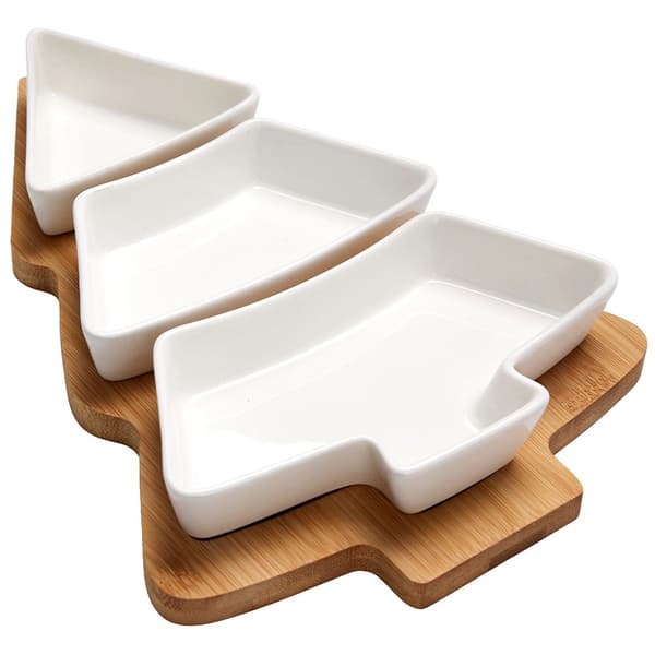 Porcelæns snackskålesæt med bambusbakke, 4 dele