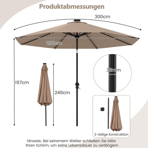 3 m:n patiosateenvarjo aurinko-LED-valoilla, 9 tilaa