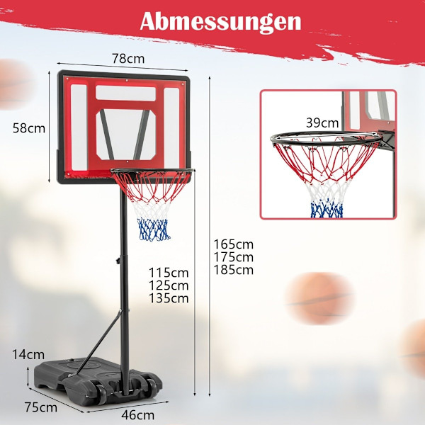 Basketball kurv udendørs basketball stativ 115-135 cm højdejusterbar rød
